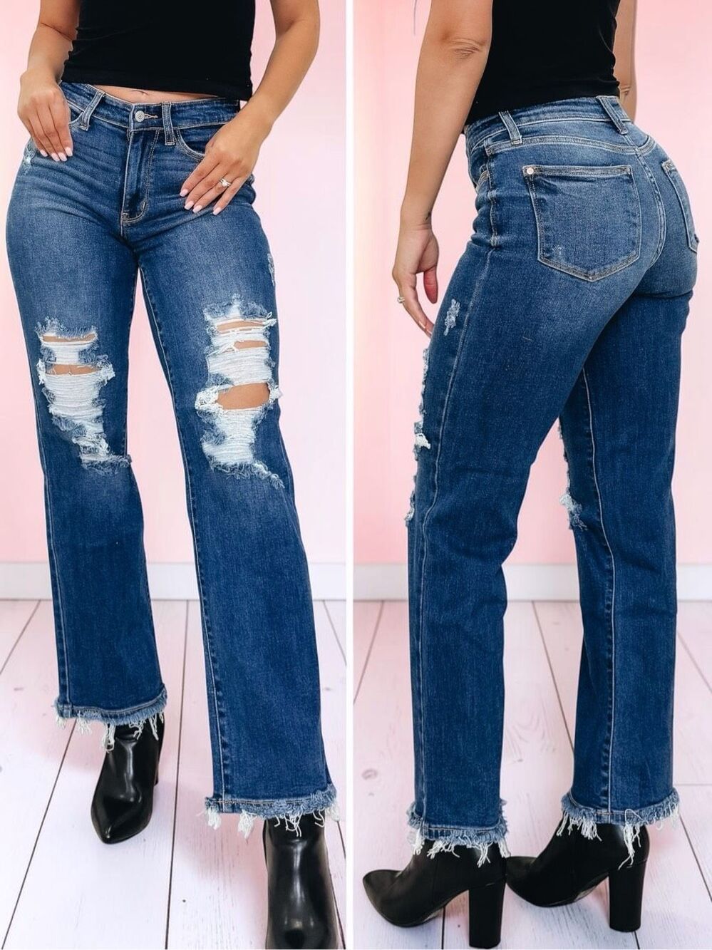 Judy Blue Dad Jeans Dark Wash Distressed Raw Hem Mid Rise Relaxed Straight NWT - Picture 3 of 15